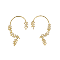 Gemnel Boucles d'oreilles clous style Ear Climber motif branche de feuille d'olivier, serties de zircon blanc pavé, en laiton plaqué or 14K, bijoux fins