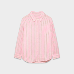 Camisa Casual de Lino con Rayas Verticales Rosa y Beige, Manga Larga, Bolsillo en el Pecho, Corte Holgado, con Botones - Product Image 1