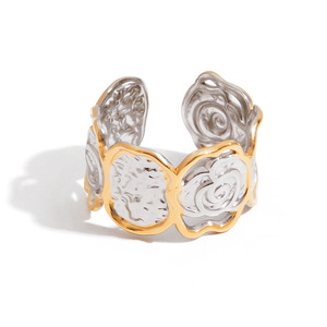 Flower <b>Shape</b> Gold Silver Color <b>Block</b> Ring With Hammered Texture Unisex Fashion Jewelry Gift - Product Image 1