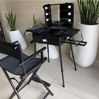 Créatifs mallette de maquillage avec Train pour artiste, sac de rangement de voyage à roulettes, grand mirroir, valise à roulettes multiples lumineuses