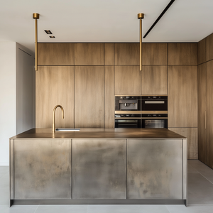 וילה מתכת מודולרית עץ אלומיניום ארון עץ עם עיצוב אי מטבח עם משטח אבן מלאכותי - Product Image 1