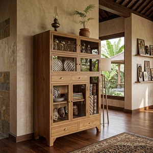 Wood Storage Cabinet With Glass Doors And <b>Drawers</b> Classic Style Three Layer Standing Type For Living Room Organization - Product Image 4