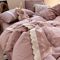 Ensemble de literie de luxe avec housse de couette à bordure en dentelle à volants, imprimé, 4 pièces, draps avec taie d'oreiller pour la chambre à coucher