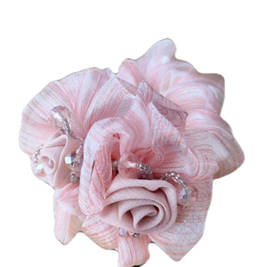 Coleta de mujer organza satén accesorios para el cabello banda rhinestone con cuentas flor diseñador círculos Rosa scrunchie crunchies lazos para el cabello - Product Image 4