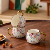 Set Cangkir Kopi Keramik Retro Mewah 6 Buah dengan Desain Bunga Kecil, Portabel