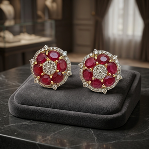 Boucles d'oreilles florales en or 14 carats avec rubis et diamants, bijoux en grappe de pierres ovales pour femme, cadeau de fête - Product Image 3