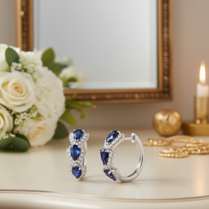 Orecchini a Cerchio di Lusso in Argento 925 con Gemma Blu Taglio a Pera e Montatura a Griffe per Donna, Gioielli Raffinati da Matrimonio - Product Image 2
