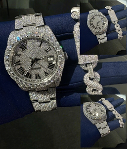 Montre de luxe en acier inoxydable avec bracelet, cadran en verre, moissanite VVS, style hip-hop, étanchéité 10 bars, fermoir de bracelet - Product Image 1