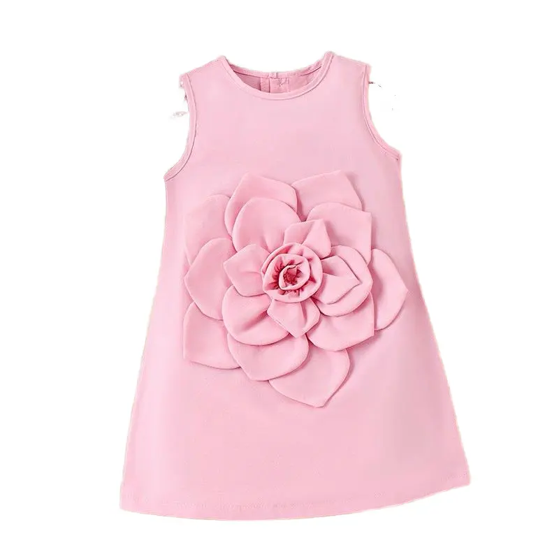 Girls kids Boutique Clothing 4-7Y Super 3D Dress For Children Sweet Pink Solid A-line Flower Sleeveless Party Girls Dresses