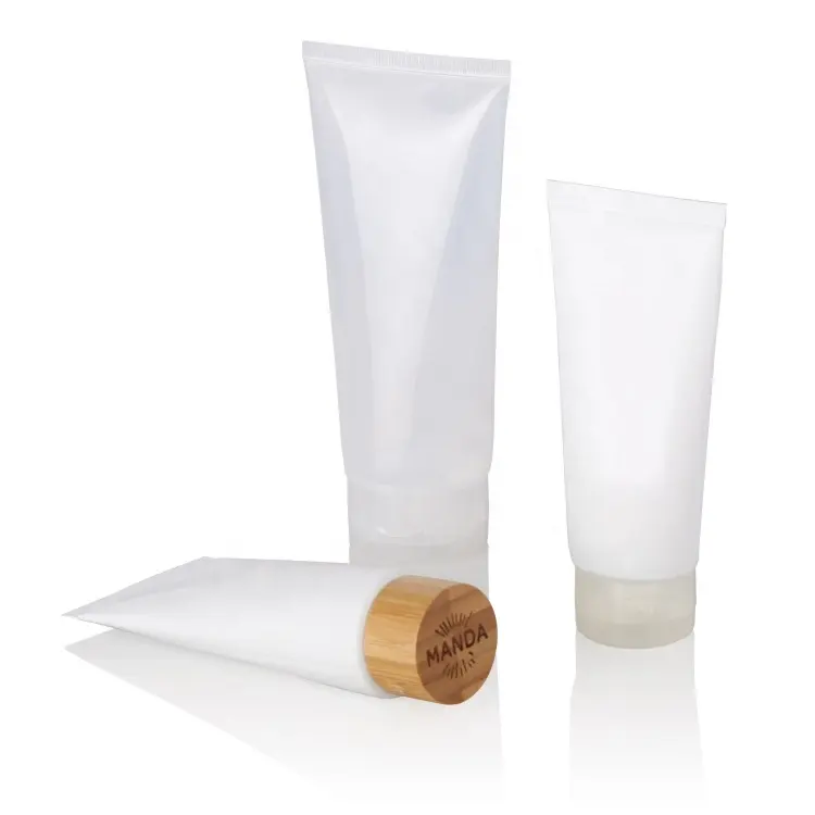 Bouteille en plastique blanche de 60ml, emballage cosmétique souple avec bouchon à vis en bois, couvercle rabattable, crème pour le corps et les mains