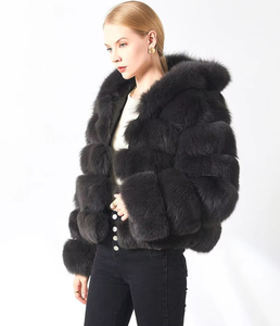 Veste à capuche en fourrure de renard véritable moelleux noir <span class=keywords><strong>manteau</strong></span> à capuche en fourrure épaisse de créateur pour femmes à la mode - Product Image 4
