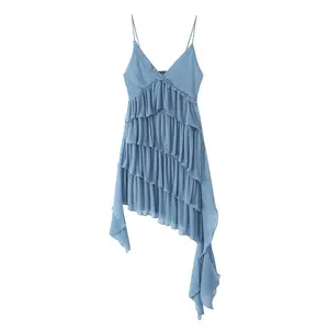 TAOP&ZA 2023 new blue women's autumn sexy V-neck small pleated asymmetric V-neck suspender dress Vestidos Mujer 0219805