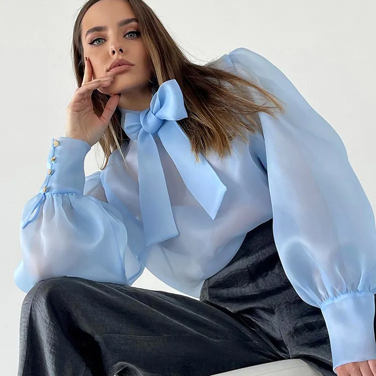 2023 Unique Clothing Stylish High Street Sheer Mesh Bow Ladies Tops Elegant Blue Puff Sleeve Blouse Women