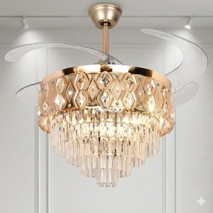Ventilateur de plafond LED en cristal doré design avec pales rétractables, télécommande, lumière silencieuse, style lustre pour la décoration intérieure - Product Image 4