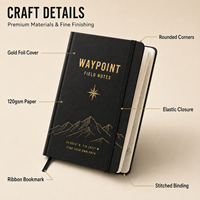 Carnet de notes A6 personnalisé Waypoint Premium 120 g/m² 100 feuilles Papier vierge imprimé UV Fermeture élastique en PU Ruban Couverture rigide