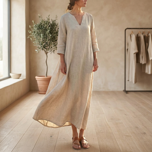 Robe mi-longue vintage en coton doux à manches cloche, col en V, taille haute, coupe trapèze, respirante, avec poches fonctionnelles, ample et décontractée pour l'été et les vacances à la plage - Product Image 3
