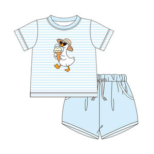 Conjuntos de ropa para niños pequeños BSSO1966, diseño personalizado, con estampado de gansos y rayas azules, venta al por mayor, conjunto de manga corta para niños pequeños. - Product Image 1