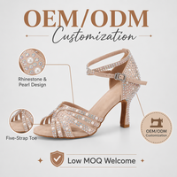 Chaussures de danse latine en satin abricot avec strass, talon carré de 9,5 cm, sandales pour femmes pour la danse de salon