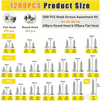 Stainless Steel Wood Screws Kit 1200pcs Assorted Self Tapping Screws Set Phillips Drive Round Flat Head Fasteners for DIY Wood