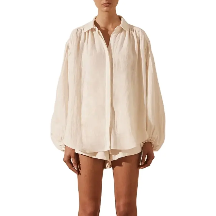 Camisas luxuosas de tecido, 100% algodão, de linho, botão em branco, blusas de manga comprida, botão grande, camisa para mulheres