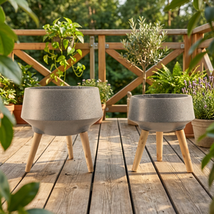 Maceta Moderna de Cerámica con Patas de Madera, Diseño Minimalista, Acabado Glaseado, Macetas de Interior para Decoración del Hogar - Product Image 1