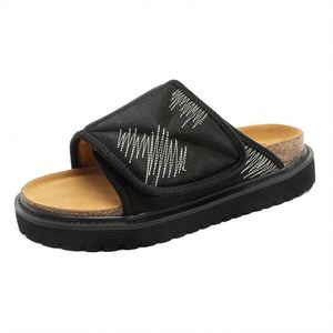 Sandalias de Plataforma Negras de Tela con Decoración a Rayas, Punta Abierta, Suela de Goma, Chanclas Transpirables de Verano - Product Image 1
