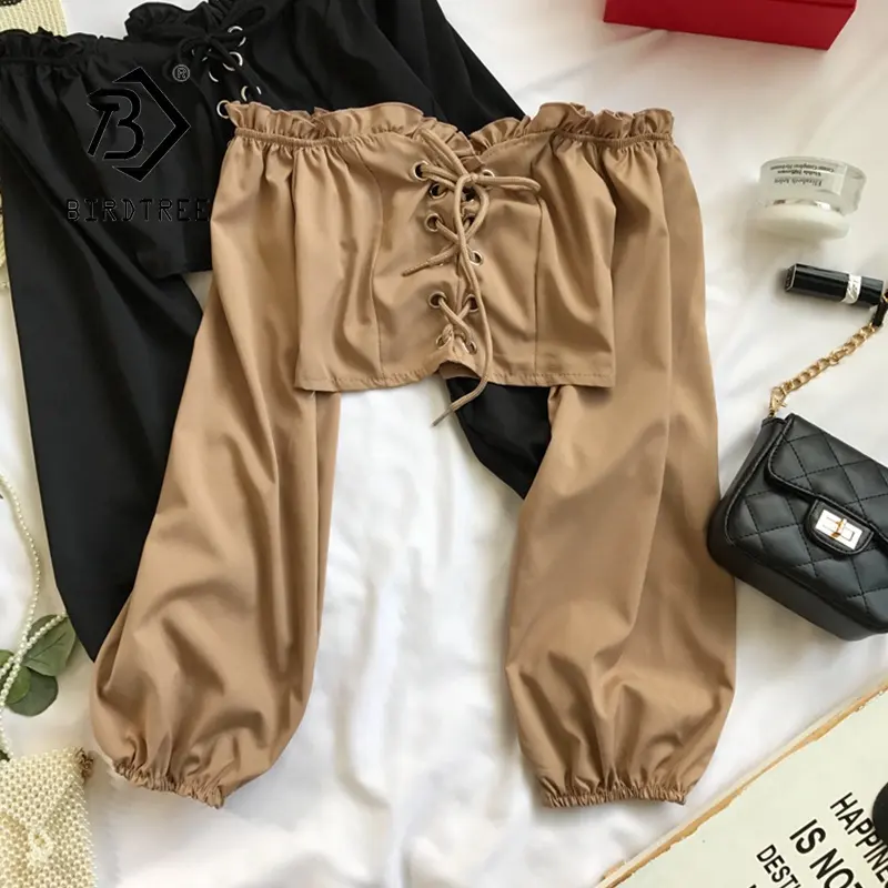 New Ruffled Off Shoulder Cropped Top Women Spring Autumn Slim Side Zipper Blouse Long Sleeve Lace Up Cute Tops T0D029T