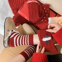 Chaussettes mi-mollet en coton personnalisées pour femmes, motif chiot en peluche rouge festif, collection automne-hiver, vente en gros, lot familial