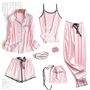 Домашняя одежда женская одежда для сна шелковая атласная пижама 7 шт. Шелковая пижама Удобная Ночная одежда подарок жене
