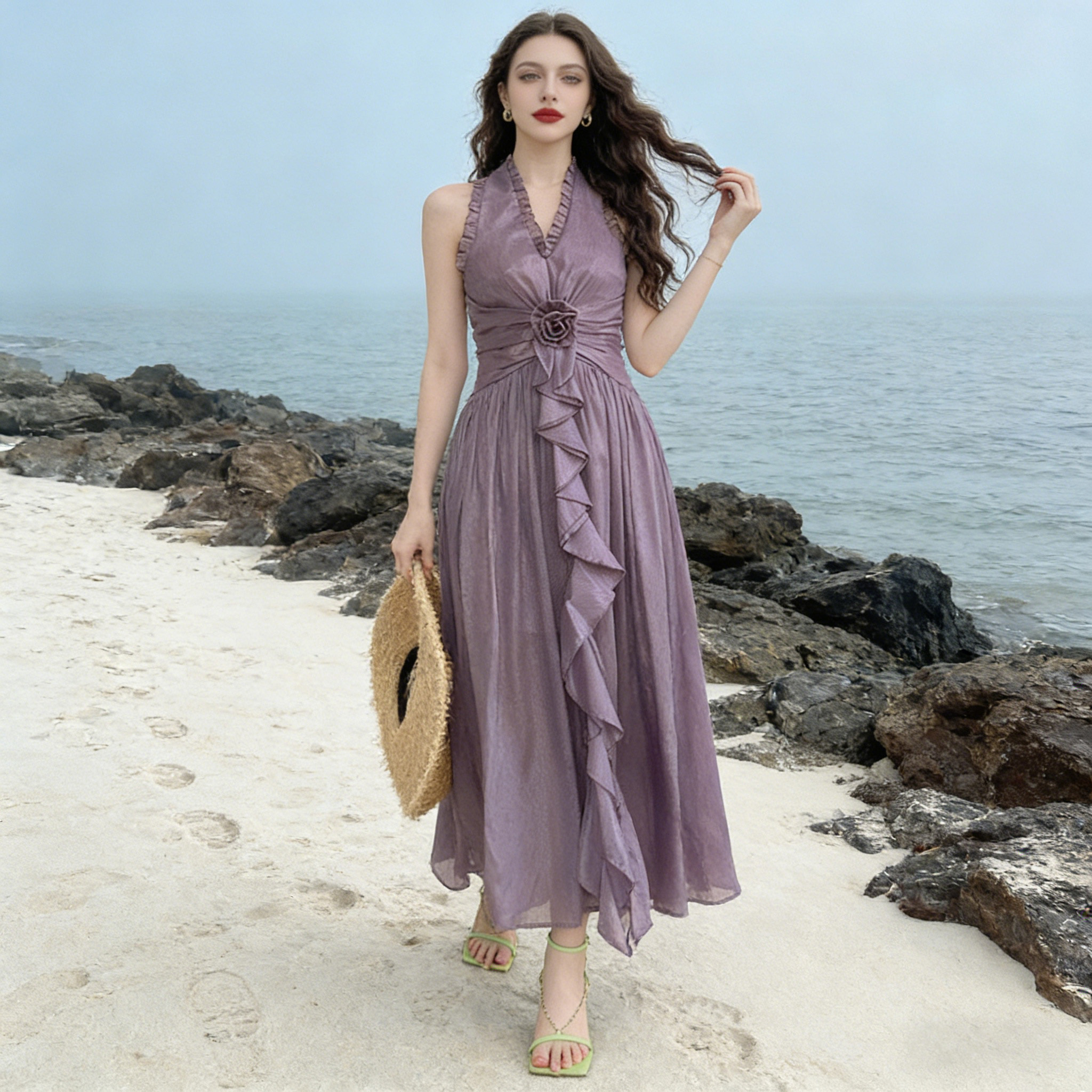 fitted lace wedding dress Purple Floral Women Dresses Casual Spring Linen Women Summer Dresses H –  SimpleLinenLife main image 0