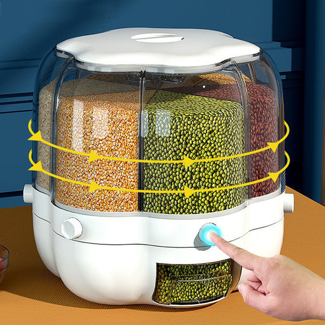 Household Eco-Friendly Damp-proof Cereal Dry Vacuum Rice Storage Container 25kg Rotatable Dispenser 6 Grids Freshness