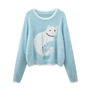 Pull col rond rose à imprimé chat pour femme Zhan Ya, coupe ample, manches longues, tricot anti-boulochage, collection automne-hiver - Product Image 4