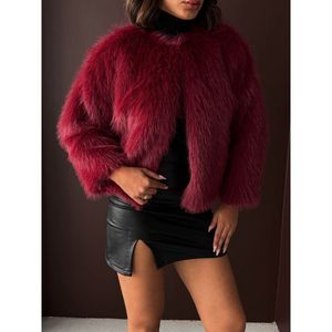 Topshow Women's Luxurious Burgundy Faux Fur Top, 100% Polyester Solid Color Long Sleeve Casual <b>Winter</b> Outerwear - Product Image 3