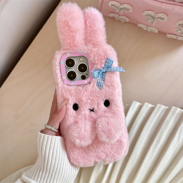 Luxury Cute Warm Handmade Ear Rabbit Bunny Furry Fuzzy Fluffy Soft 3D Fur Plush Phone Case for iPhone Mobile Covers for Girls