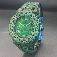 Jam Tangan Quartz Pria Model Bunga Mewah Berlian dengan Zirkon Hijau Besar, Jam Tangan Fashion Hip Hop Terbaru