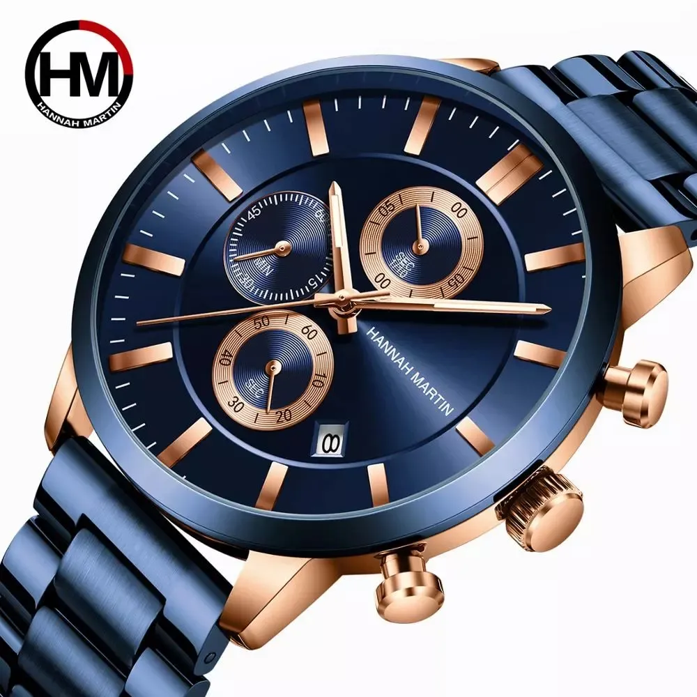 Hannah 1202 Original Men Quartz Wrist Watch Luxury Stainless Steel Chronograph Watches Men