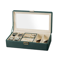 Organisateur de montres et de bijoux en cuir PU avec dessus en verre, boîte de rangement multi-compartiments pour bagues, lunettes, logo personnalisé