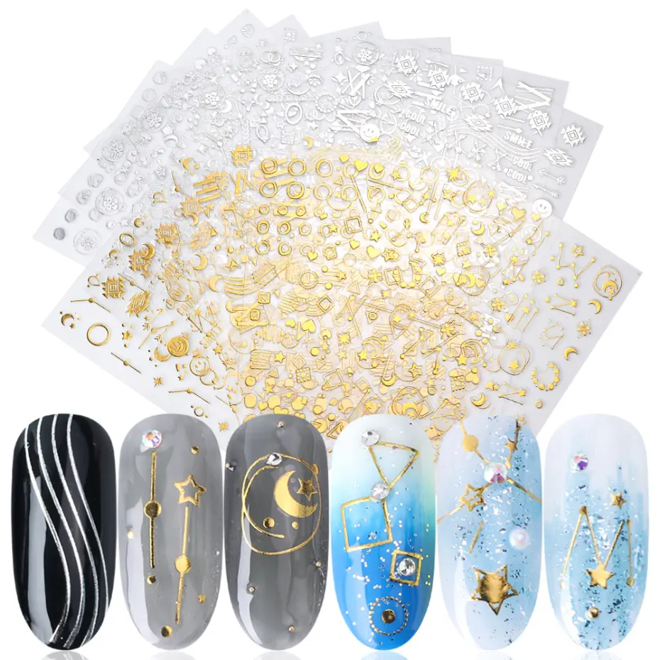 3D Nail Art Sticker gümüş altın yapışkanlı çıkartma yıldız ay çizgili tasarım tırnak süsü tırnak çıkartmalar