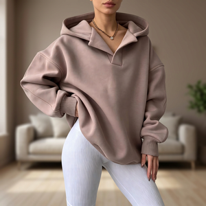 Sweat-shirt court à capuche zippé pour femme, marron uni, imprimé floral, en coton tricoté, manches longues, tenue décontractée d'automne - Product Image 4