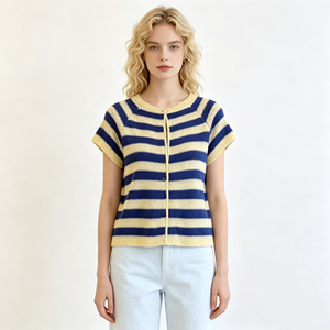 2026 New Arrival <strong>Navy</strong> Striped Knit <strong>Cardigan</strong>, Women's Short Sleeve Button Down Crew Neck Knitted Top, Knitwear - Product Image 5