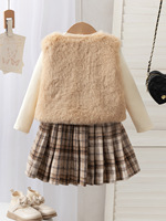 Ensemble pour filles Automne/Hiver Nouveau Ensemble 3 pièces pour filles : Gilet en fourrure + Haut en tricot + Jupe courte à carreaux
