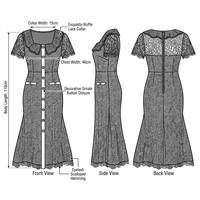 Robe longue noire en dentelle premium pour femme, écologique, unie, chic, avec col à volants, ornée de bijoux, boutonnée, taille haute, pour l'été