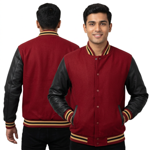 Veste universitaire pour homme en laine noire et rouge avec manches en cuir orange rouille - Product Image 1