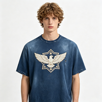T-shirt brodé Aigle vieilli, bleu délavé, en coton épais, pour homme, style vintage streetwear, motif graphique, coupe oversize