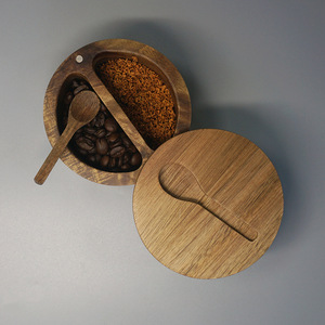 Acacia Wood Double Compartment <b>Spice</b> <b>Jar</b> Flip Top Lid Freshness Preservation Kitchen Use Solid Wood Rotating Container - Product Image 4