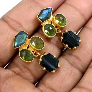 Boucles d'oreilles de luxe faites à la main pour femmes, bijoux multi-pierres en plaqué or de haute qualité pour anniversaire de mariage, prix de gros - Product Image 2