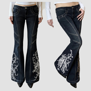 Y2K Vintage Print Washed Split Rivet Decor Flattering Flared Pants Hot Girl Low Waist Elegant Versatile Dark Blue Jeans - Product Image 1