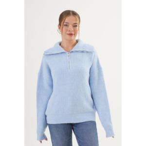 Pulls en tricot Thessaloniki à col zippé pour femme, bleu ciel, manches longues, décontractés, anti-boulochage, 16 Gg, vente en gros - Product Image 4