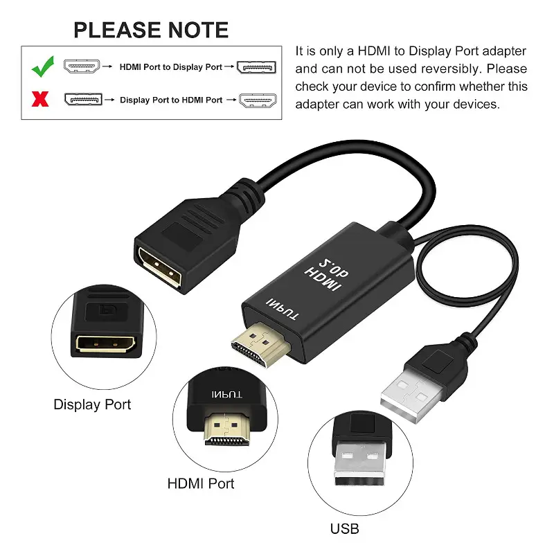 Кабель-переходник с 4K HDMI на дисплей с USB разъемом питания «штырь-гнездо» HDMI на DP