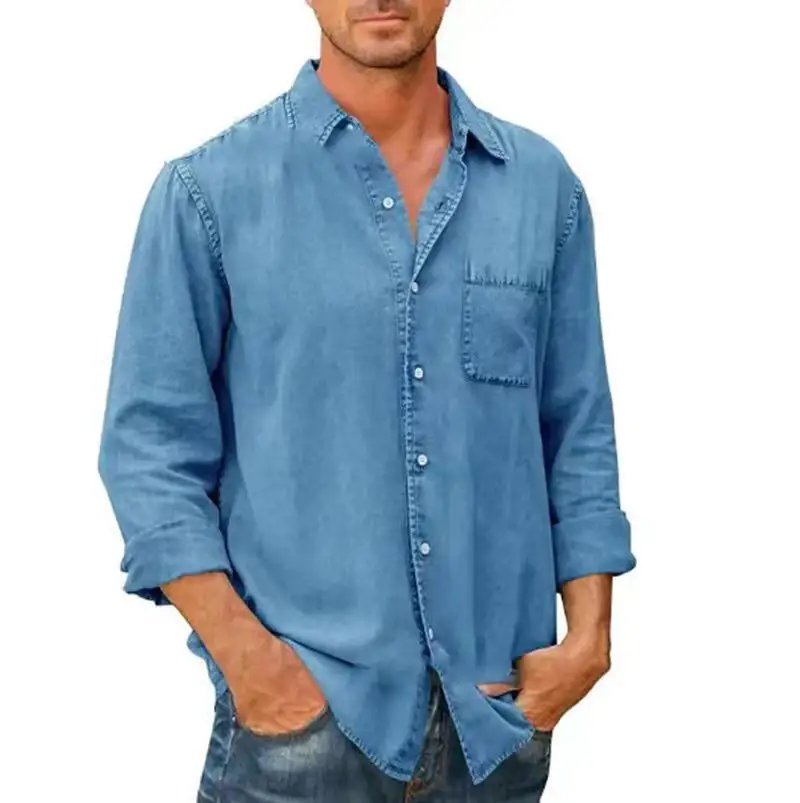 Sıcak satış son tasarım erkek artı boyutu Denim gömlek düz renk pamuk yüksek kaliteli erkek bahar ince rahat gömlek